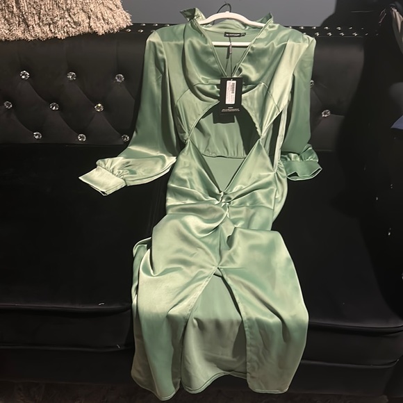 Sage Green Satin Knot Skirt Cut Out Midi Dress - Picture 3 of 7